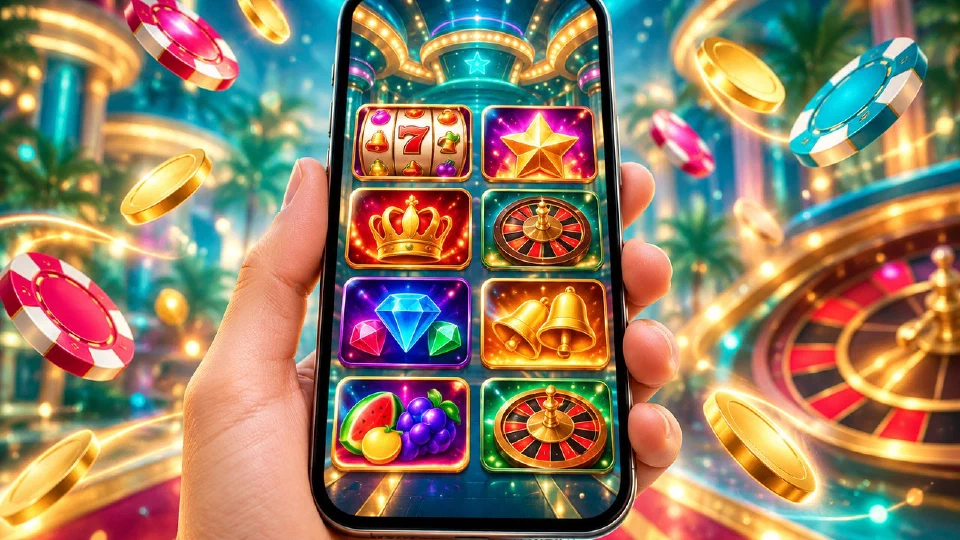 Lobby de casino en un teléfono con filas de slots y ruleta