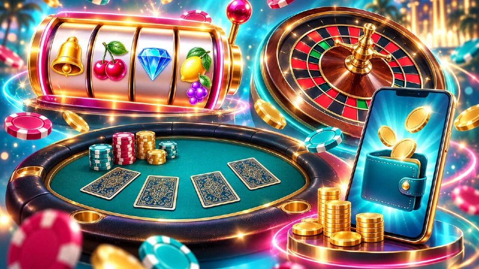 Vista general de secciones de casino: slots, ruleta, mesa en vivo y caja
