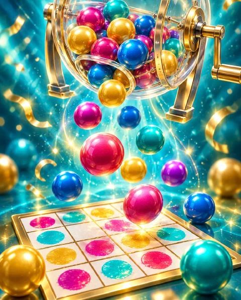 Bolas de bingo de colores sobre un cartón marcado