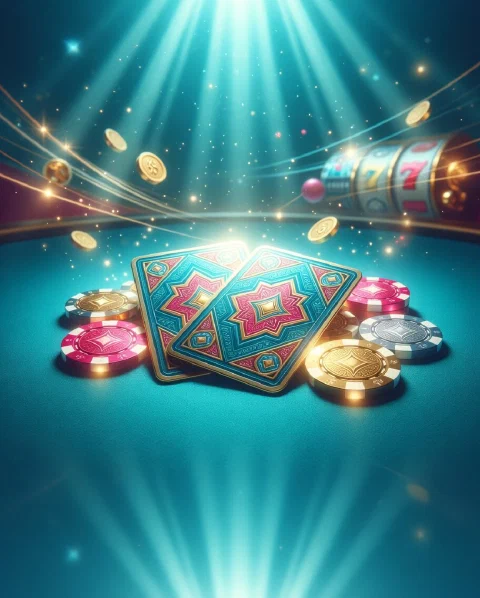 Dos cartas de blackjack y fichas sobre un tapete turquesa