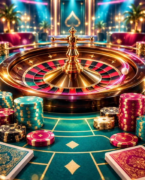 Mesa de casino en vivo con luces de estudio y fichas apiladas