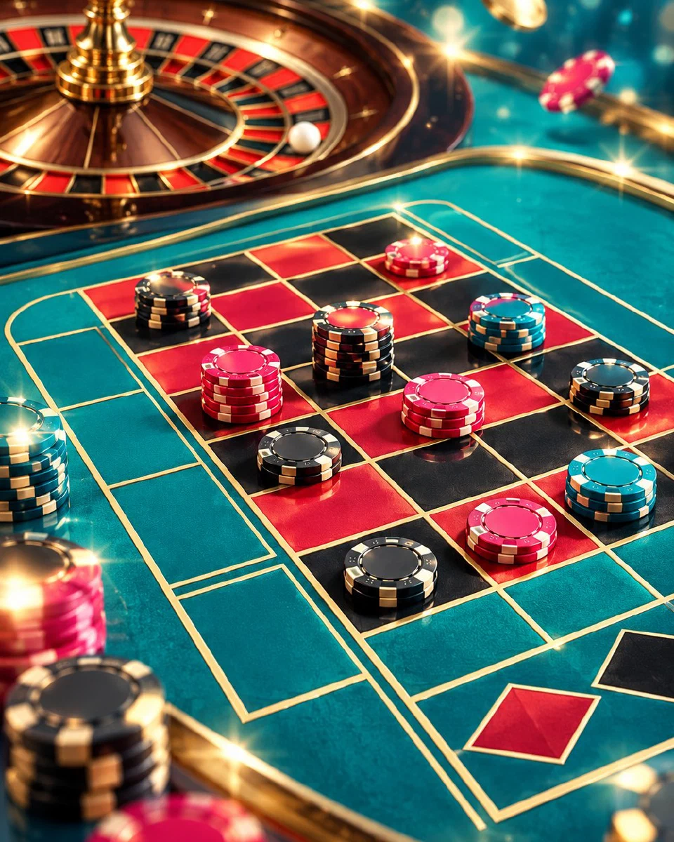 Tapete de ruleta francesa con fichas sobre rojo y negro
