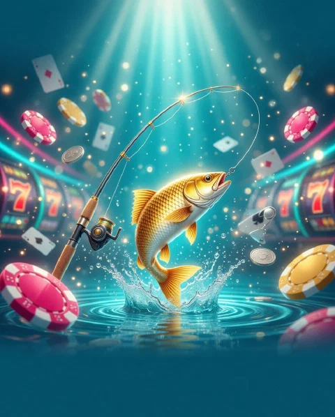 Caña de pesca y un pez dorado saltando sobre agua turquesa