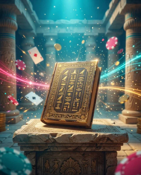 Libro antiguo con jeroglíficos dorados sobre un altar de piedra