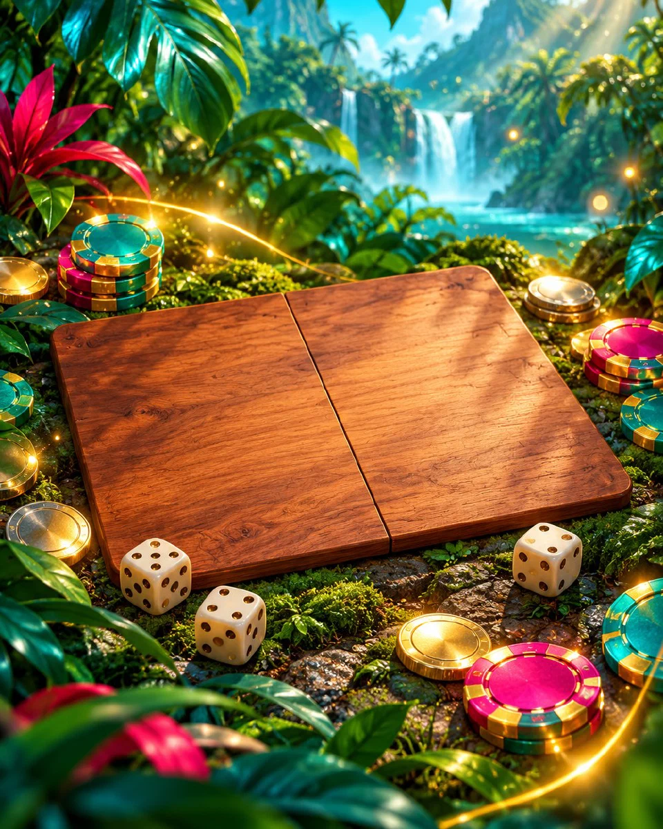 Tablero de juego de madera en plena selva con dados y hojas tropicales