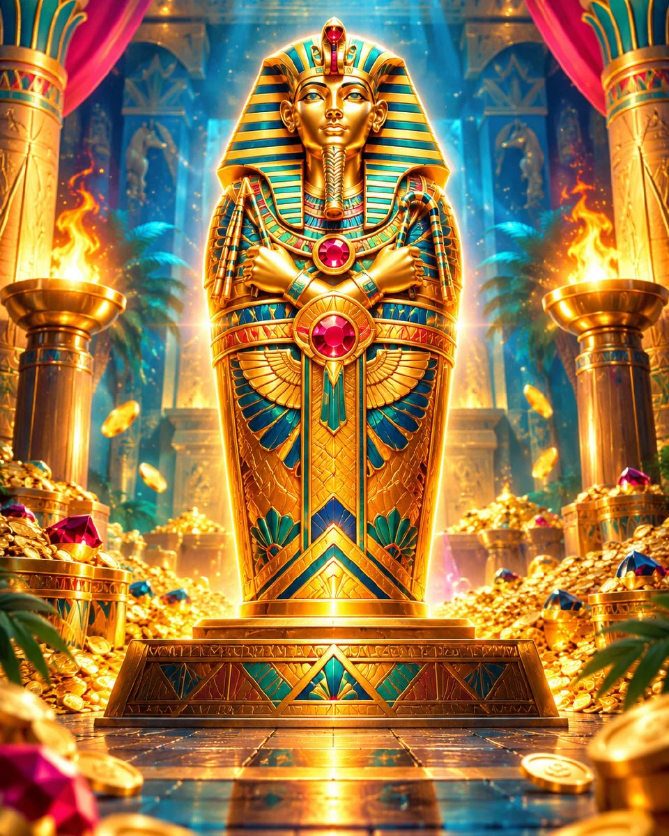 Sarcófago dorado iluminado dentro de una cámara de templo egipcio