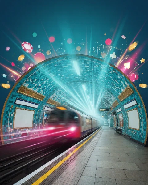 Andén de metro de estilo londinense iluminado en tonos turquesa