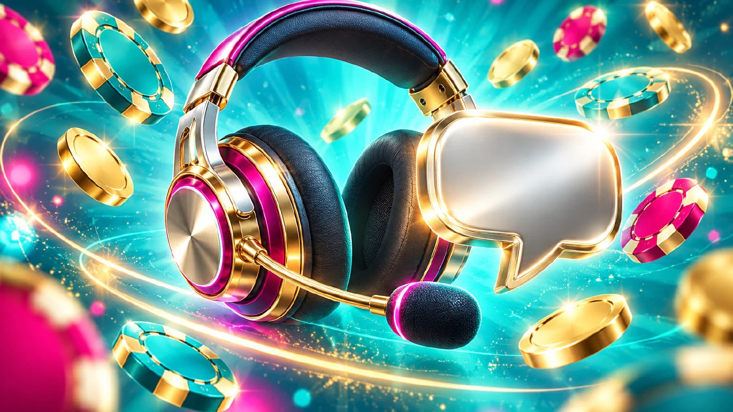 Auriculares con micrófono y una burbuja de chat platino sobre fondo turquesa