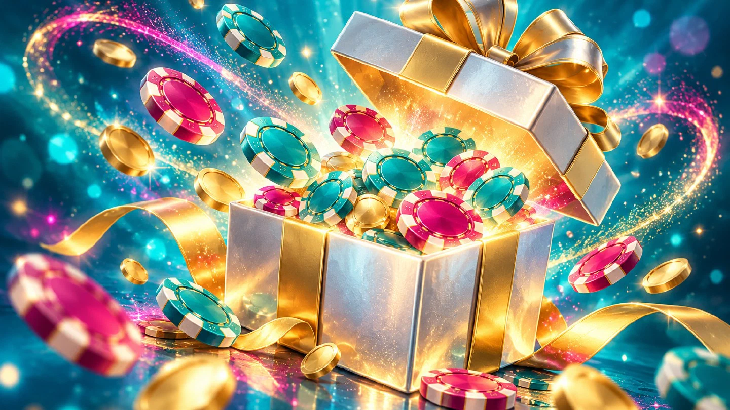 Caja de regalo platino abierta con fichas y destellos frambuesa