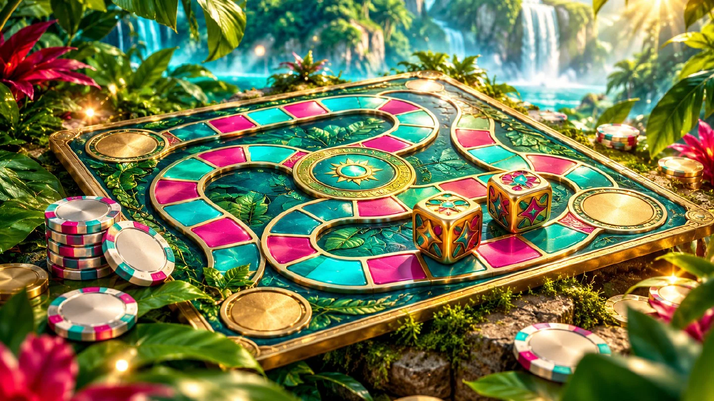 Tablero de juego en la selva con dados y fichas platino sobre hojas verdes
