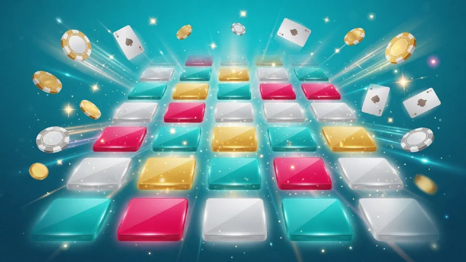 Lobby de casino online con filas de juegos iluminados en turquesa y frambuesa