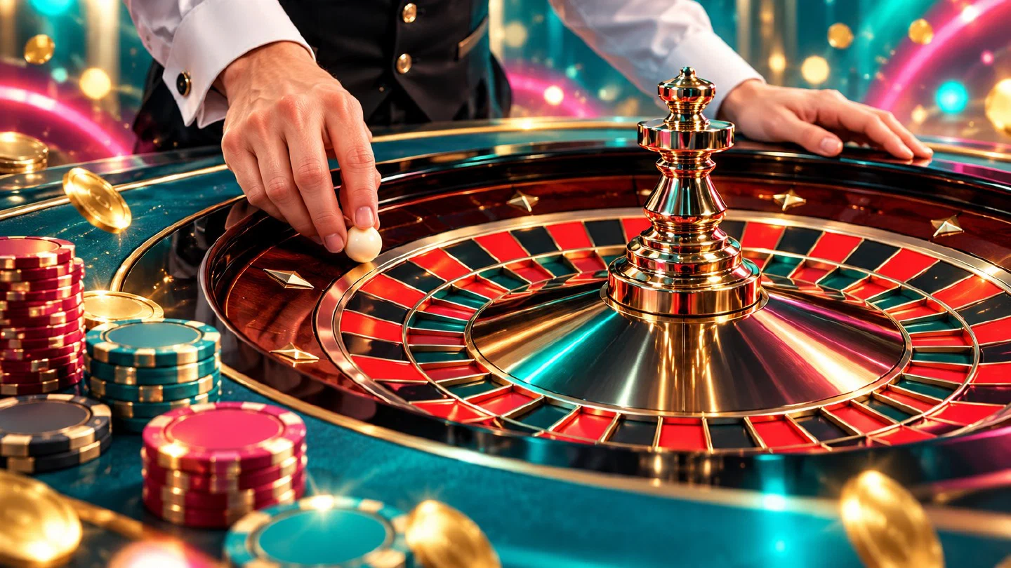 Crupier junto a una ruleta en un estudio con luces turquesa y frambuesa