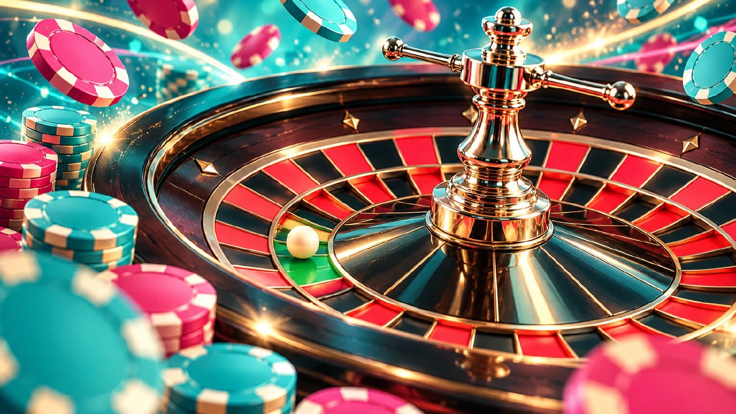Rueda de ruleta europea en primer plano con fichas turquesa y frambuesa