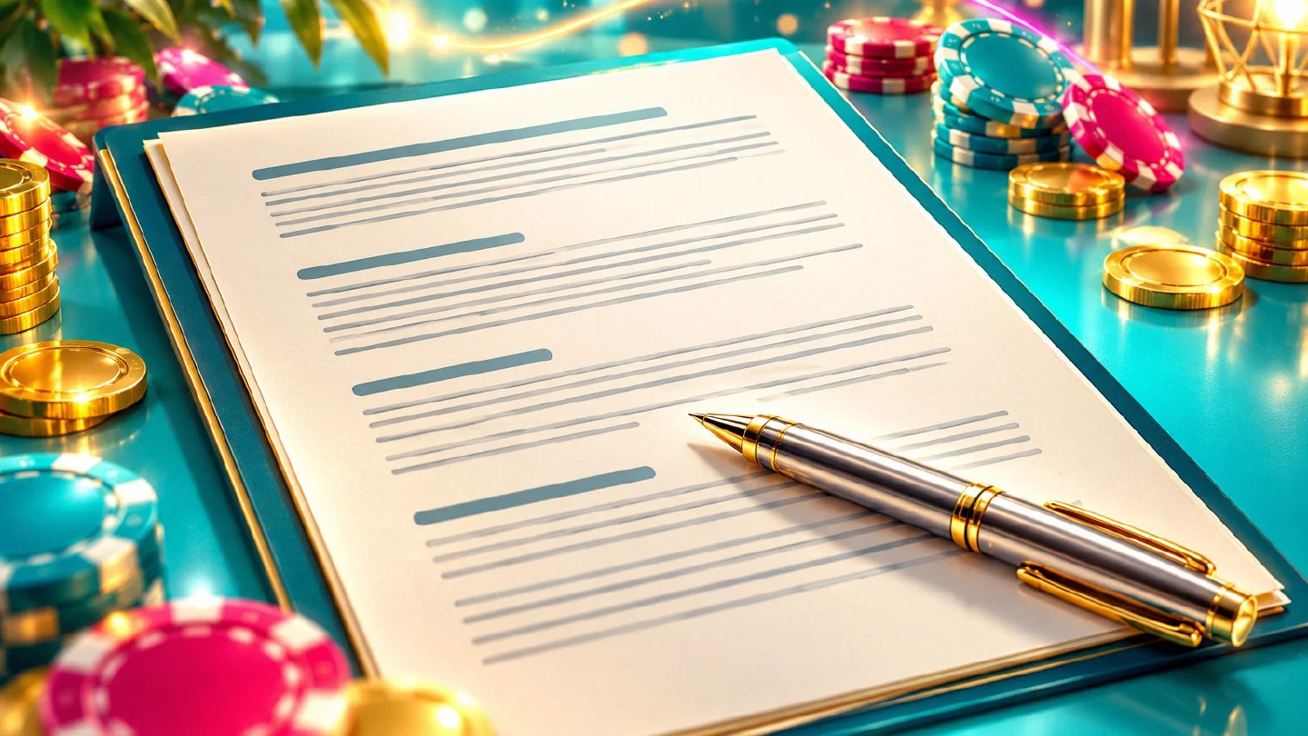 Documento con cláusulas y una pluma platino sobre un escritorio turquesa