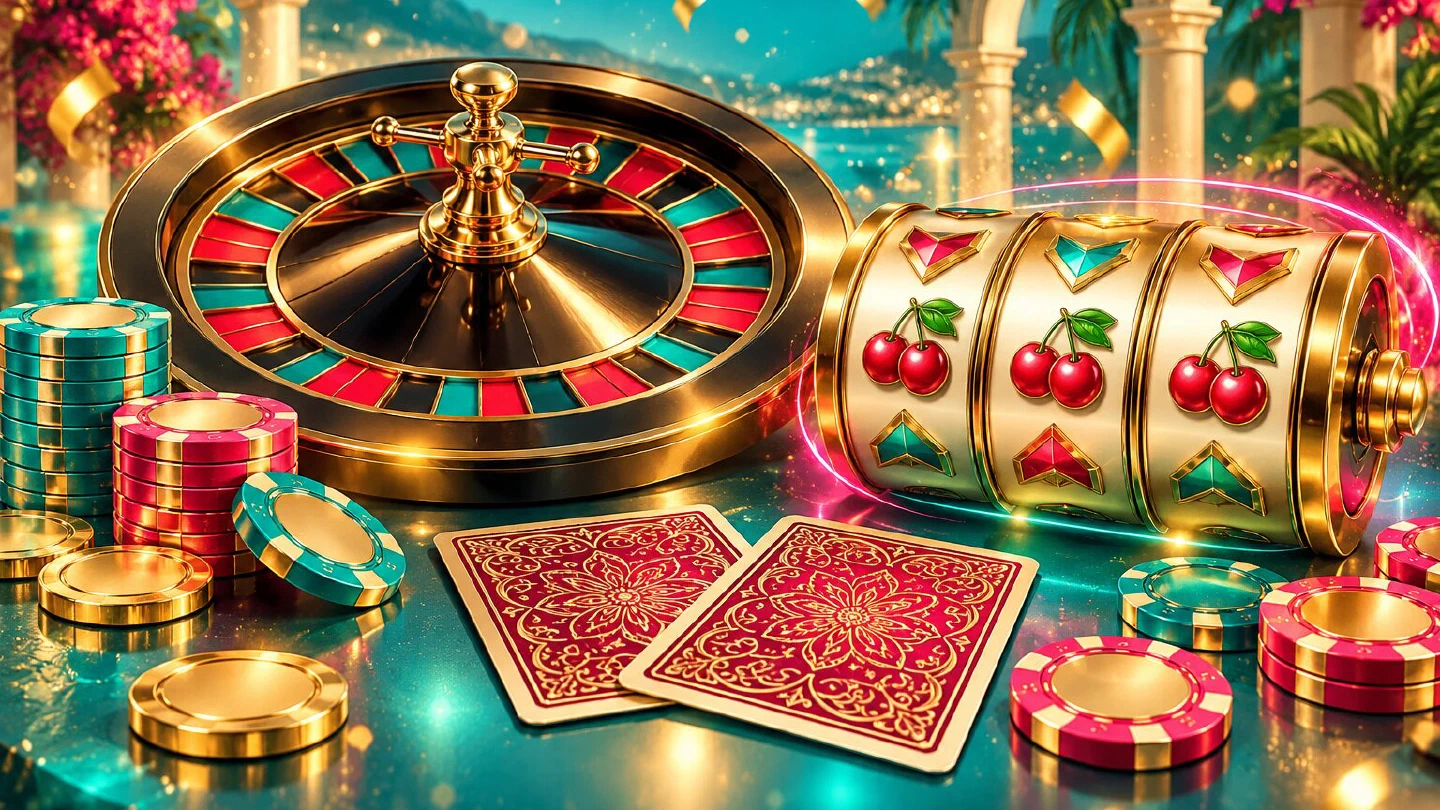 Rueda de ruleta, cartas y rodillos de tragaperras en tonos turquesa y frambuesa con destellos dorados