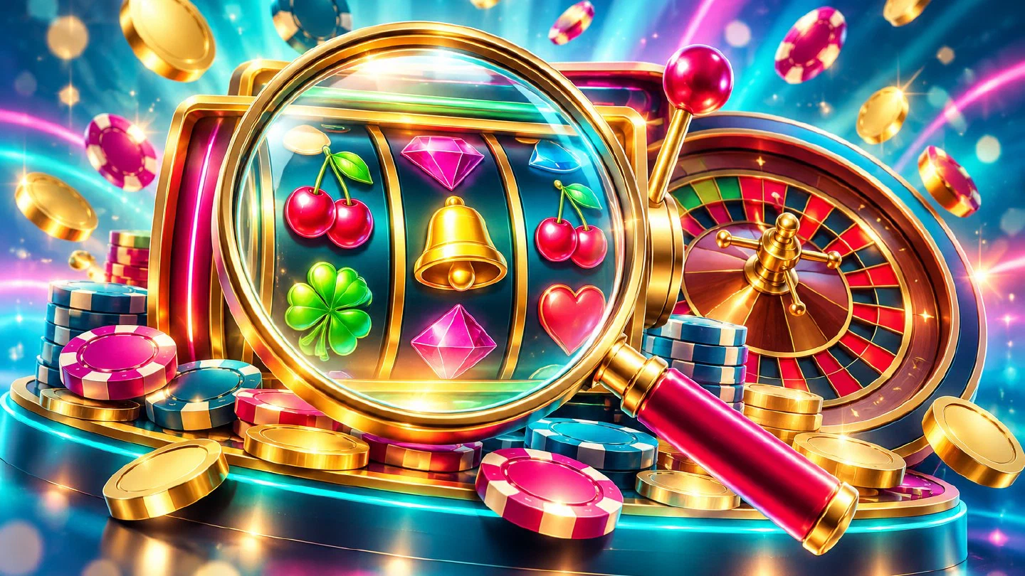 Lupa sobre una pantalla de casino con slots, ruleta y fichas en tonos turquesa