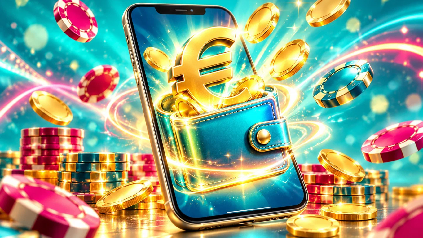 Teléfono con un monedero digital y un saldo en euros sobre fondo turquesa