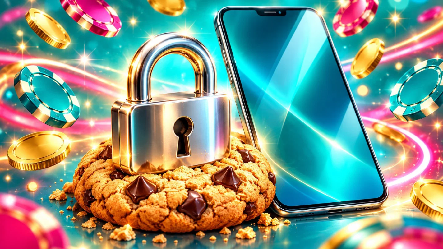 Candado platino sobre una galleta y un teléfono sobre fondo turquesa